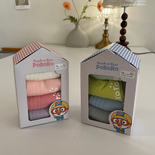 韓國製|PORORO純色卡通圖案小童短襪(1 SET 4對)