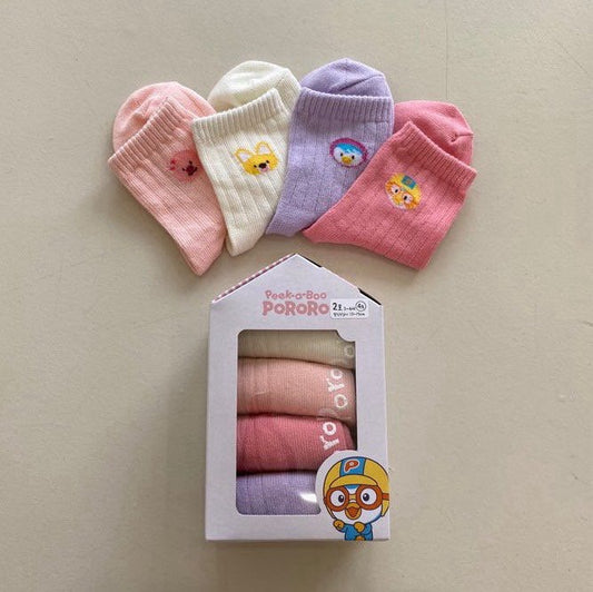 韓國製|PORORO純色卡通圖案小童短襪(1 SET 4對)