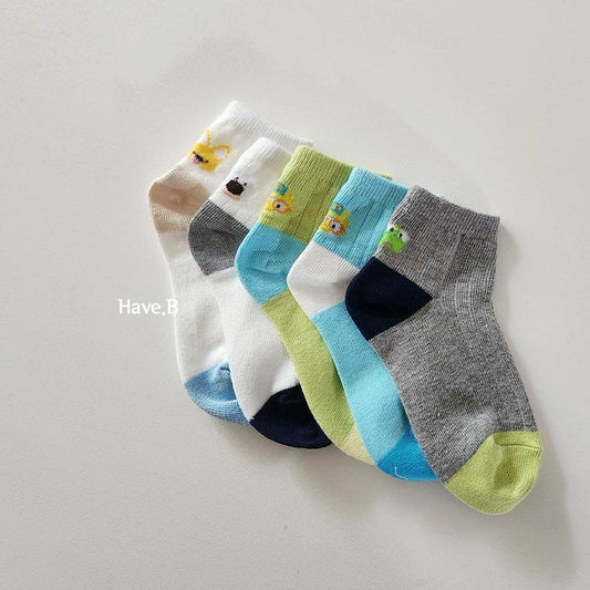 韓國製|PORORO拼色小童短襪(1 set 5 對)