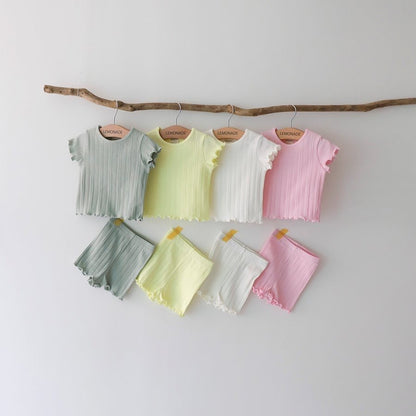 Made in Korea | Solid color ruffled straight-striped top with shorts | [KS01][179]