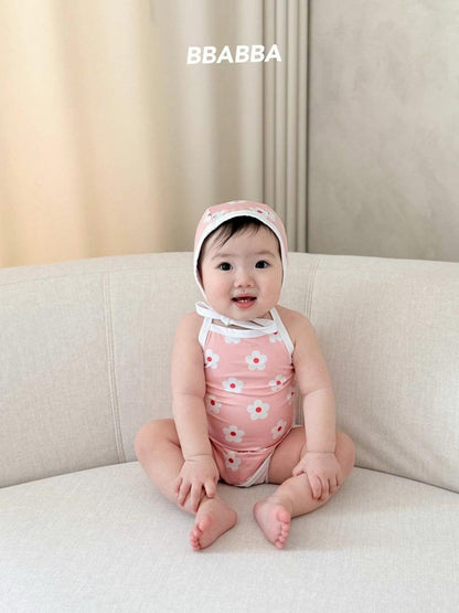Made in Korea | Floral halter swimsuit with strappy swim cap | [KS26][056]