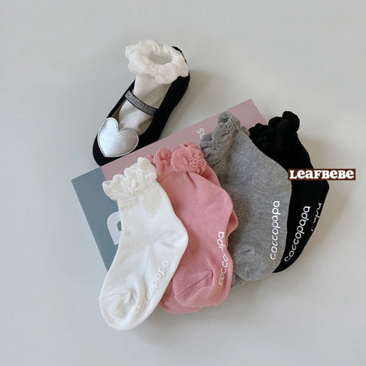 Made in Korea | Solid color lace children's socks (1 SET 4 pairs)