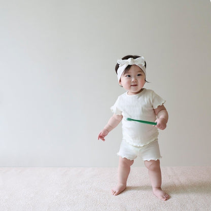 Made in Korea | Solid color ruffled straight-striped top with shorts | [KS01][179]